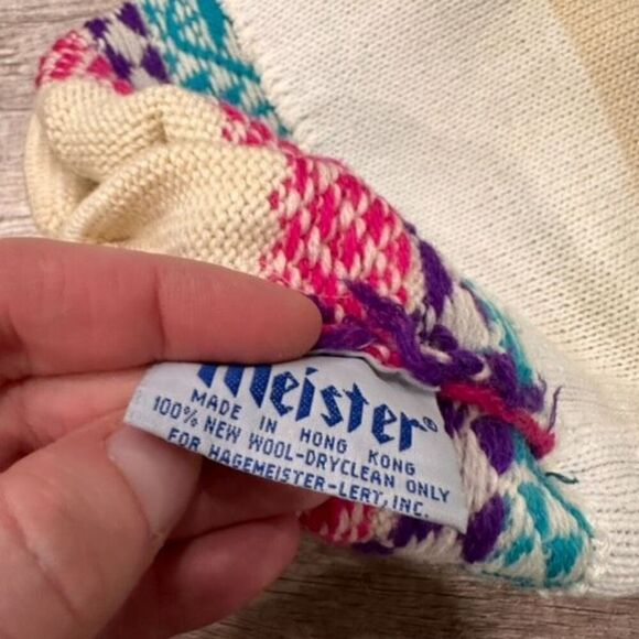 Vintage 70s  Meister Nordic Alpine‎ 100% Wool Colorful Winter Pom Pom Hat Toque - Picture 6 of 11